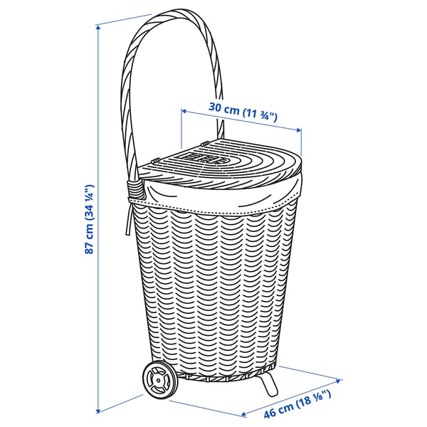 TOLKNING Laundry basket with wheels, handmade Willow, 31 l