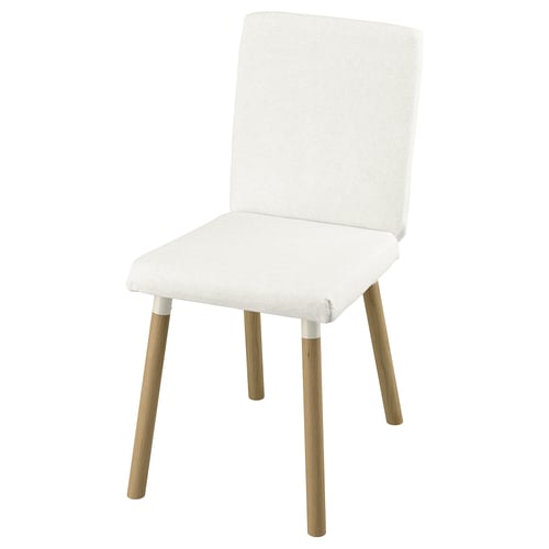 A TONSTAD chair in white with wooden legs. It a cushioned seat and back for comfort.