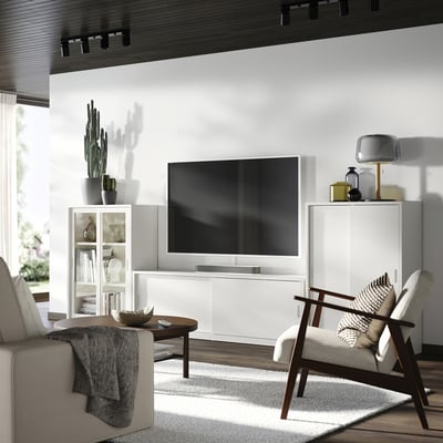 TONSTAD TV/storage comb with sliding doors, off-white/clear glass, 339x37x116 cm