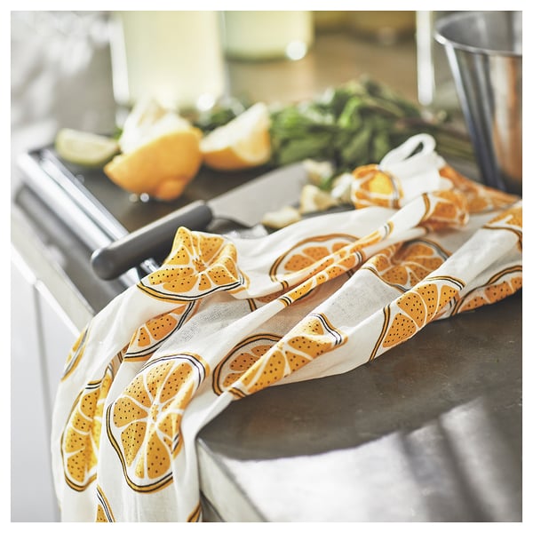 TORVFLY Tea towel, patterned/orange, 45x60 cm
