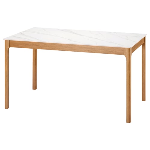 TRÖDEN table, minimalist design, marble white top, oak legs, rectangular shape, sleek look.