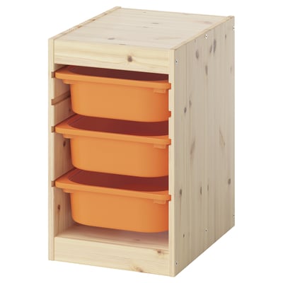 An orange plastic box organiser in a light wooden frame. It has three open shelves with bright orange containers ideal for childrens toys.