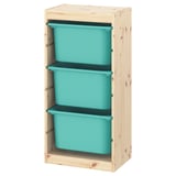 TROFAST Storage combination with boxes, light white stained pine/turquoise, 44x30x91 cm