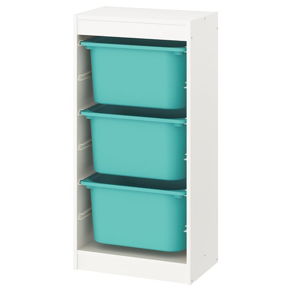 TROFAST Storage combination with boxes, white/turquoise, 46x30x95 cm