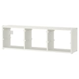 A white TROFAST storage frame. Its a minimal design with a rectangular shape, made from paper foil and particleboard. Ideal for organising items.