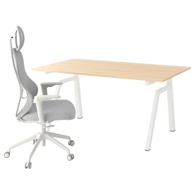 TROTTEN / UTKLASSNING Desk and chair, electric ash effect/grey/white, 160x80 cm