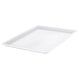 A white plastic lid, designed for the UPPSNOFSAD storage box, rectangular in shape, made of durable, partly recycled polypropylene.