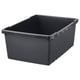 Black rectangular plastic storage bin with grips on corners and sides.
