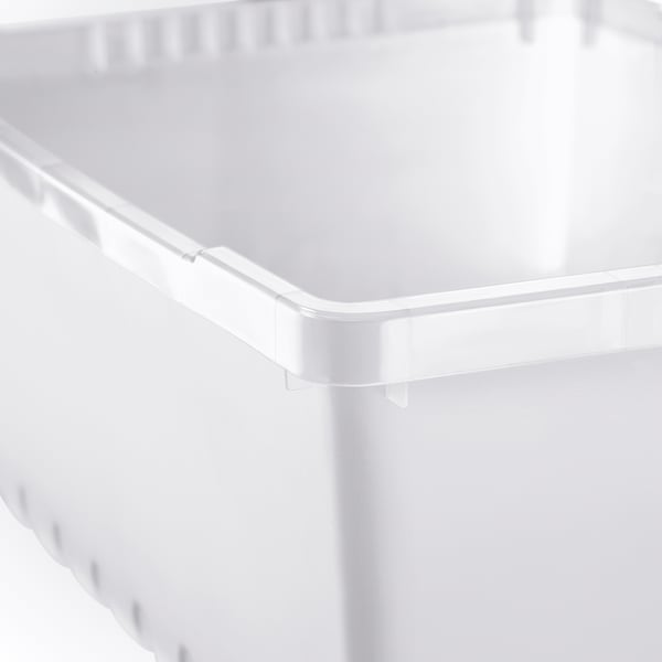 Close-up of sturdy, white plastic storage box with for stacking and protection.
