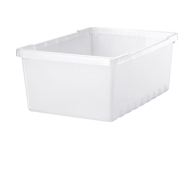 A white rectangular storage box made of plastic. It has no lid and is empty, ready for organising items.
