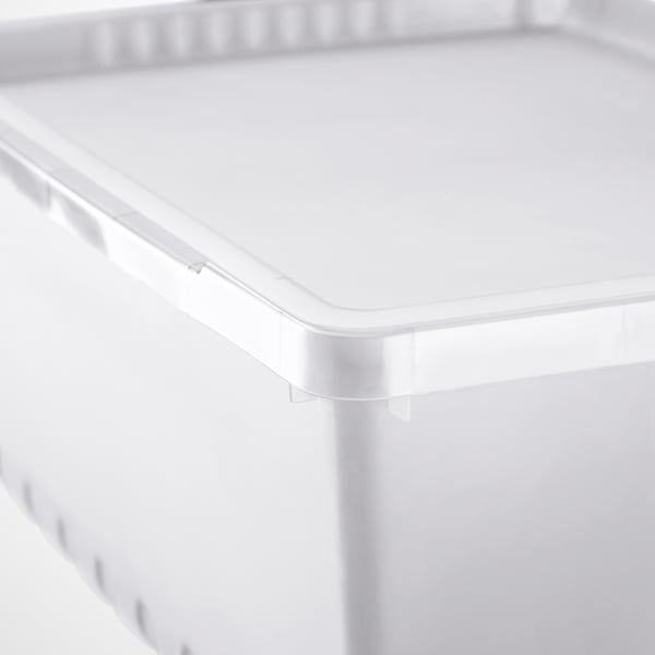 Clear plastic box with secure locking lid, durable and sturdy construction.