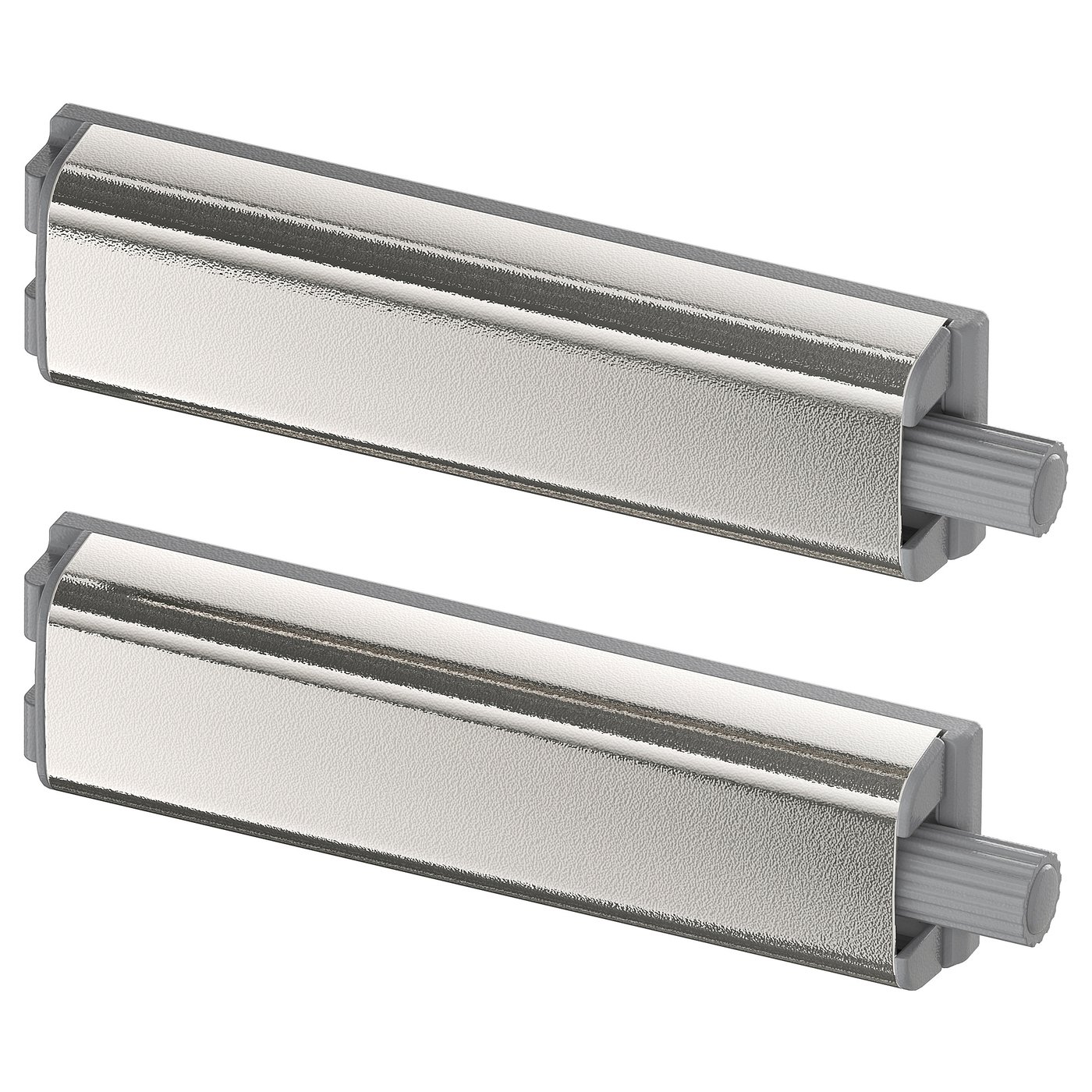 Displays two silver UTRUSTA push openers for cabinets, sleek and modern in design, crafted from nickel-plated metal and plastic.