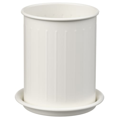 White cylindrical galvanised steel planter with vertical lines and a matching saucer on a white background.