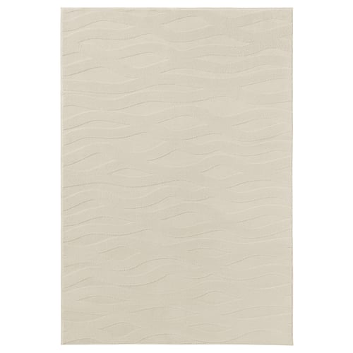 VÄXELFEL rug: light beige, soft polyester, rectangular, wavy 3d pattern.