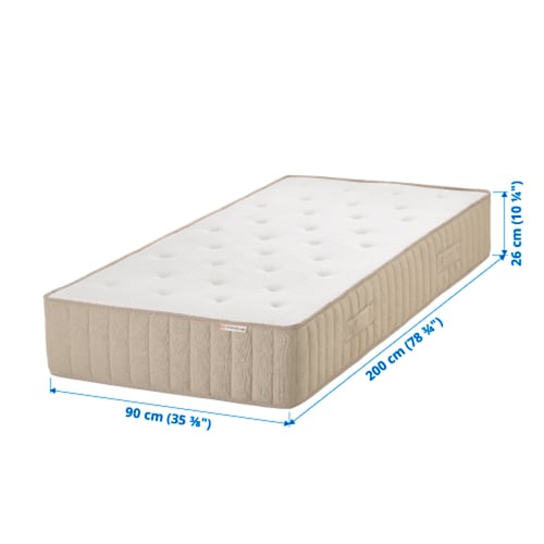 Image depicts a beige-colored, rectangular mattress with dimensions: 200x90x26 cm. It comfort zones and natural materials.