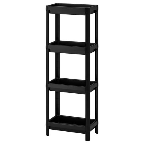 A VESKEN, a black plastic shelving unit with three rectangular shelves, designed for small spaces, featuring high edges to hold items securely.