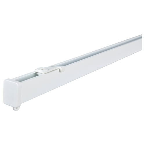 A white VIDGA curtain rail made of aluminium with a powder-coated finish, designed for easy assembly and flexible curtain hanging.