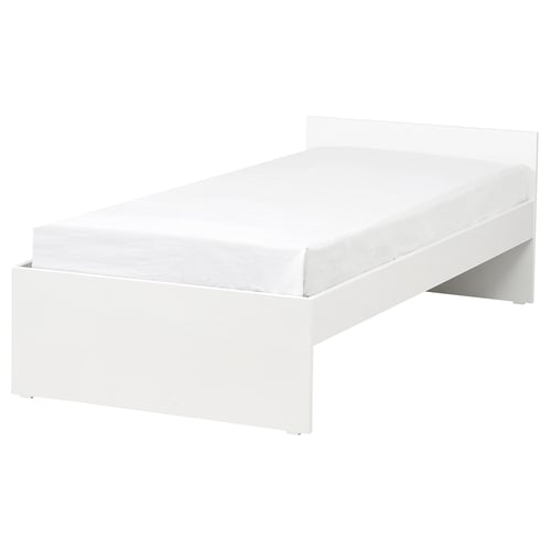White VIHALS minimalist bed frame, sleek edges, acrylic-painted fiberboard, clean aesthetic against white background.