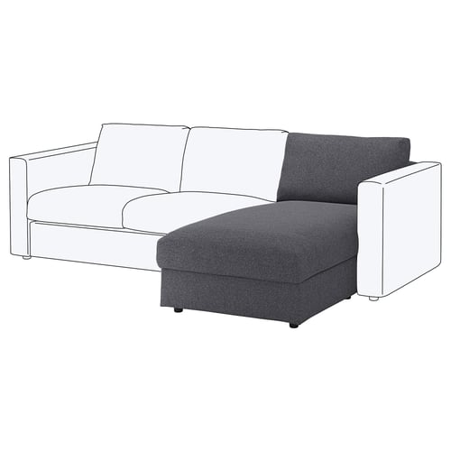 The VIMLE sofa is a modular, grey, l-shaped sectional with a storage chaise, featuring durable, washable fabric.