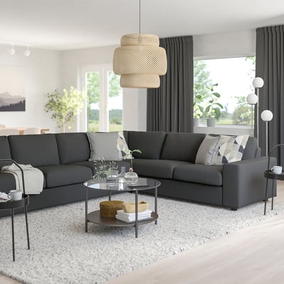 VIMLE Corner sofa, 5-seat, with wide armrests/Hallarp grey