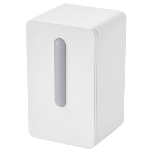 White cylindrical air quality sensor with vertical grey stripe, sleek minimalist design, plastic body.