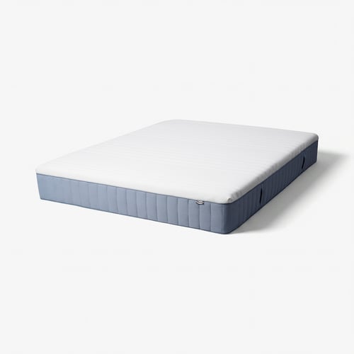 A VITMÅSEN mattress, white with blue sides, rectangular, and plush.