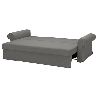 A grey VRETSTORP sofa-bed with plush cushions and a rolled armrest design.