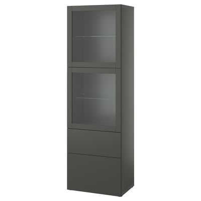 Ikea BESTÅ visoka črna shrambna enota s steklenimi vrati in predali.