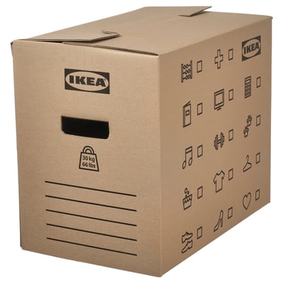 Ikea DUNDERGUBBE: rjava kartonska premična škatla, ročaji, zložljiva, s simboli, nosilnost 30 kg.