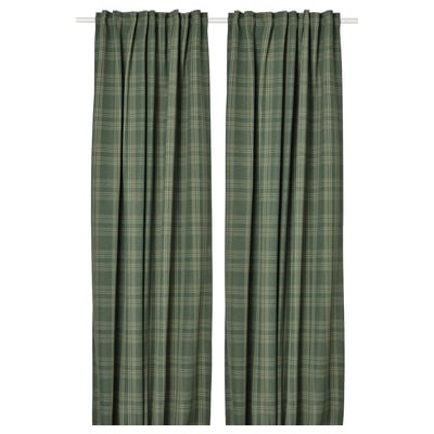 Temno zelene tartan zavese z ujemajočo se podlago, volnena tekstura, učinkovito zatemnitev prostora, obešena z žepom, dolžine 300 cm.