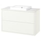 Bela kopalniška omarica, marmorna plošča, pravokotni umivalnik, dva predala.