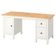 Ikea HEMNES miza, bela s svetlo leseno ploščo, masivni bor, pravokotne oblike, praktično shranjevanje.