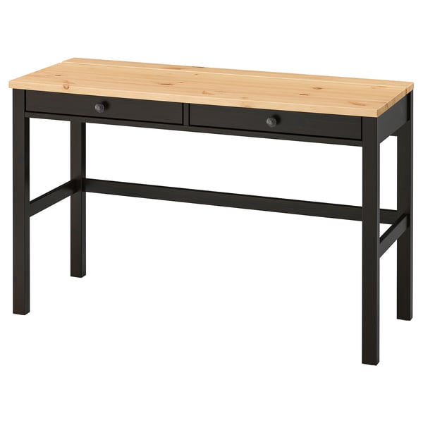 Miza iz črnega in svetlega lesa, HEMNES, z dvema predaloma za shranjevanje.