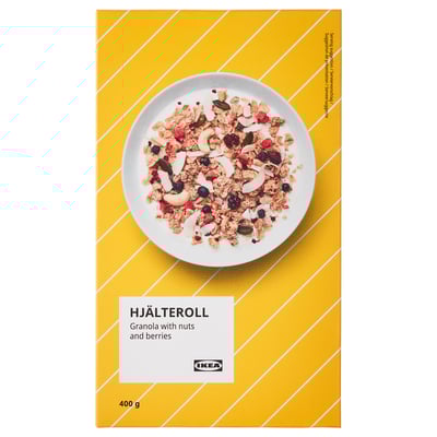 Škatla HJÄLTEROLL granole z oreščki in jagodičjem IKEA tehta 400 g. Skleda granole na naslovnici.