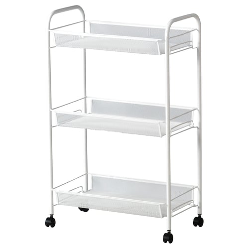 Beli 3-stopenjski kovinski voziček za shranjevanje, valjanje na črnih kolesih, eleganten in sodoben dizajn, idealen za organizacijo kopalnice.