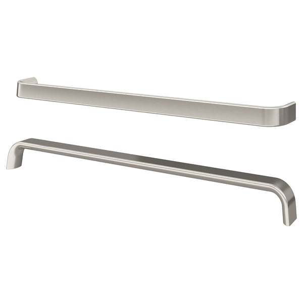 Dva elegantna, srebrna aluminijasta ročaja z gladkimi robovi, idealna za sodobne kuhinjske omare.
