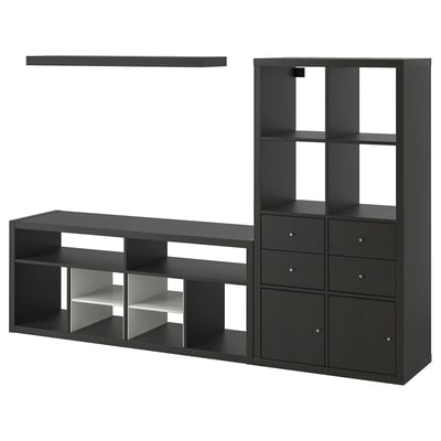 Črni IKEA KALLAX komplet za shranjevanje: TV miza, police, stenska polica s sodobnim dizajnom.