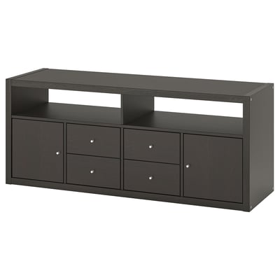 Črno stojalo za televizor ikea KALLAX z odprtimi predali in predali za shranjevanje.