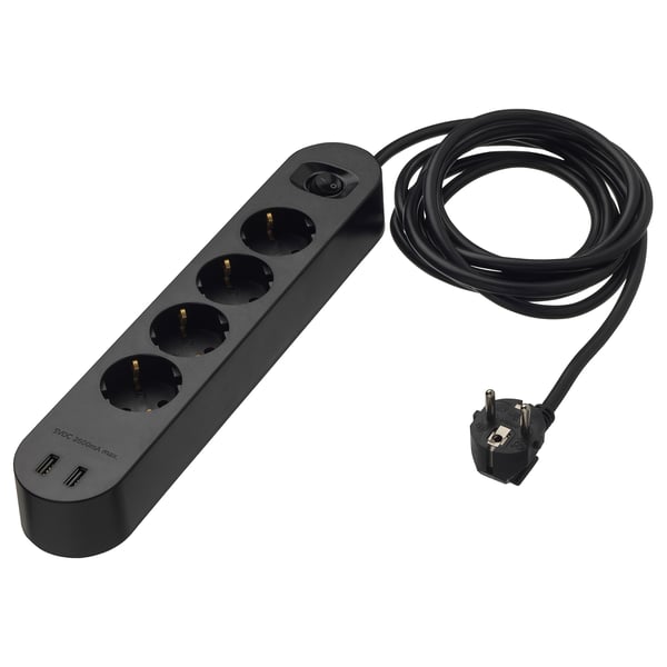 KOPPLA črna prenapetostna zaščita - 4 vtičnice, 2 usb
