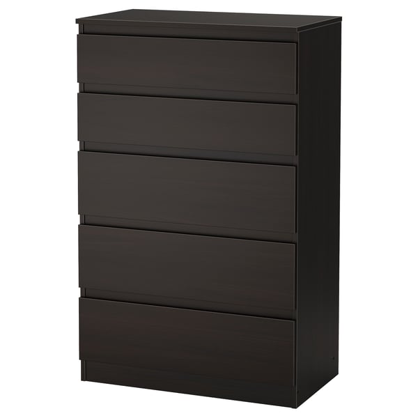 Črna skrinja KULLEN, pravokotna s šestimi predali, eleganten minimalističen dizajn.