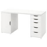 Ta slika je popolnoma bela miza ikea LAGKAPTEN z omarico in predali. Ima eleganten, sodoben dizajn za domače pisarne.