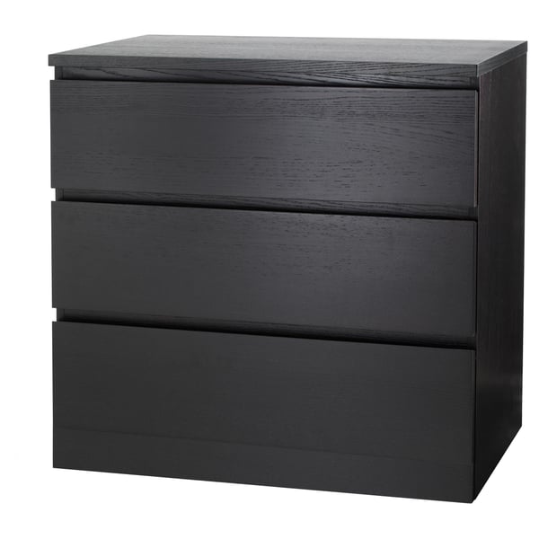 MALM črna komoda, 3 predali, gladke fronte, pravokotna.