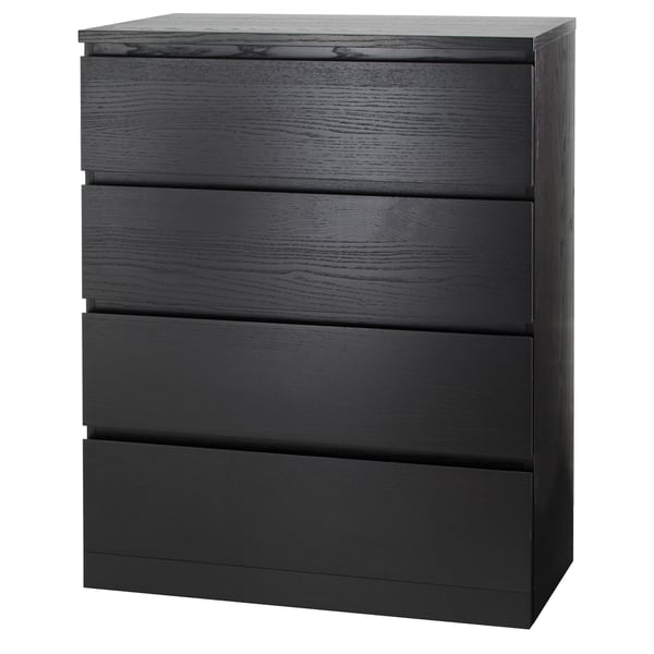 Črna komoda MALM s 4 predali, sodoben eleganten dizajn, gladki predali