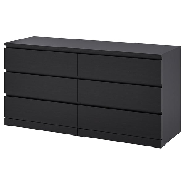 Ikea MALM črna skrinja, šest predalov, pravokotna, gladka obdelava.