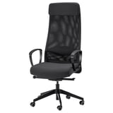 Črni ergonomski pisarniški stol MARKUS z mrežastim hrbtom, nasloni za roke in kolesi.
