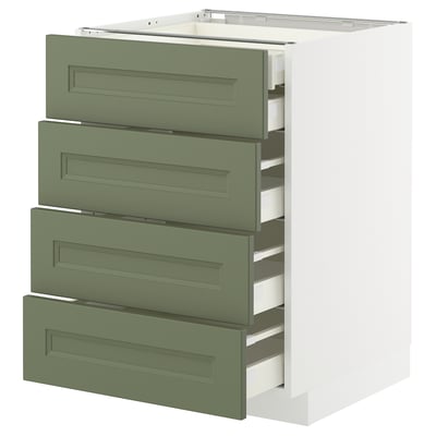 Kuhinjski sistem ikea METOD 4 zelenkasto sivi predali v beli omari. Sodoben in tradicionalen dizajn z gladko delujočimi, samozapiralnimi predali.