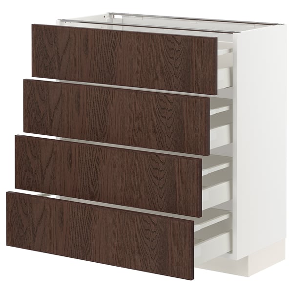 Kuhinjska enota ikea METOD s temno rjavimi predali sinarp z robovi iz masivnega lesa in elegantnim dizajnom.