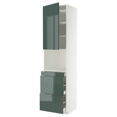 Visoka kuhinjska enota ikea METOD s sijajnimi sivo-zelenimi vrati in predali. Eleganten, sodoben dizajn z belim okvirjem omarice.