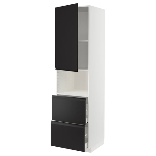 Sodobna bela kuhinjska omara s črnimi predali in vrati. Ima integriran ročaj in eleganten, minimalističen dizajn.