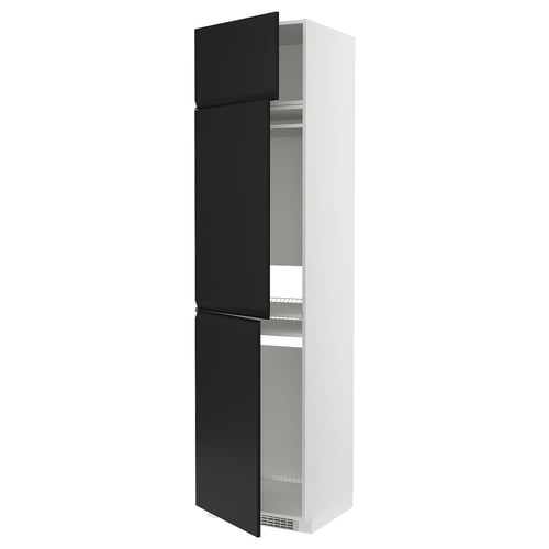 Sodobna, visoka kuhinjska omara METOD v beli barvi s črnimi zgornjimi vrati z elegantnim, minimalističnim dizajnom.